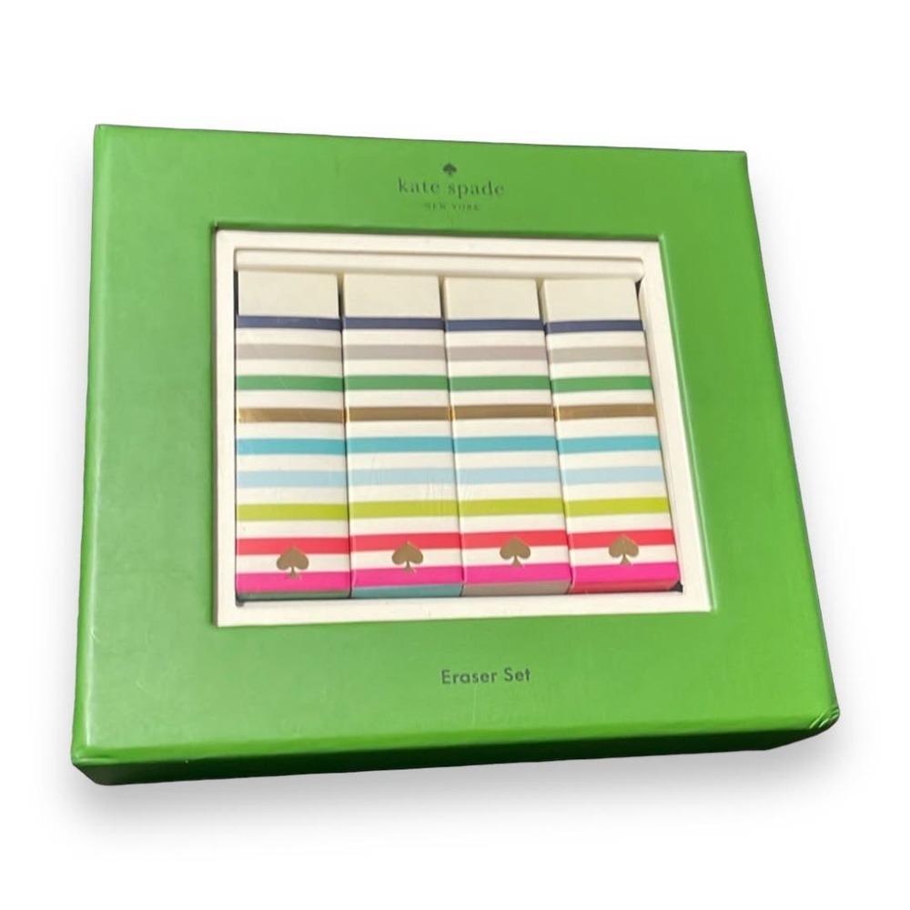 NWT Kate Spade Four White Adventure Stripe Eraser Set